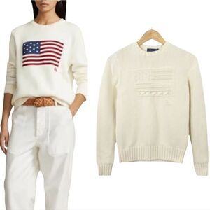 NEW Polo Ralph Lauren Iconic Embroidered American Flag Sweater in Ivory Size S